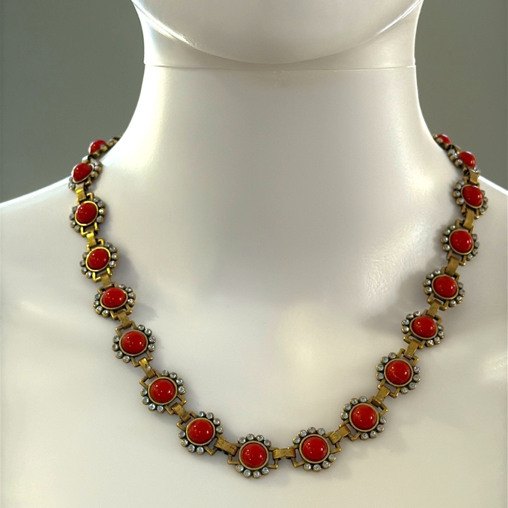 J Crew Crystal Orange Bubble Stone Burst Statement Necklace Antique Gold 18” - Picture 7 of 9